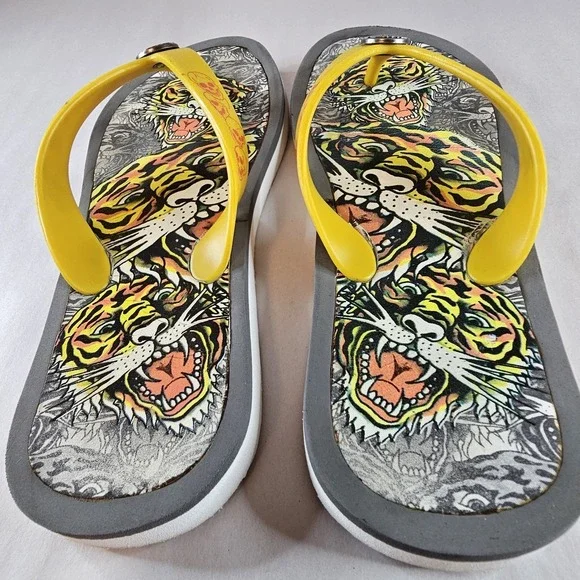Y2K‎ Ed Hardy Tiger Skull Flip Flop Sandals Yellow Women's Size 5/6 - Picture 5 of 13
